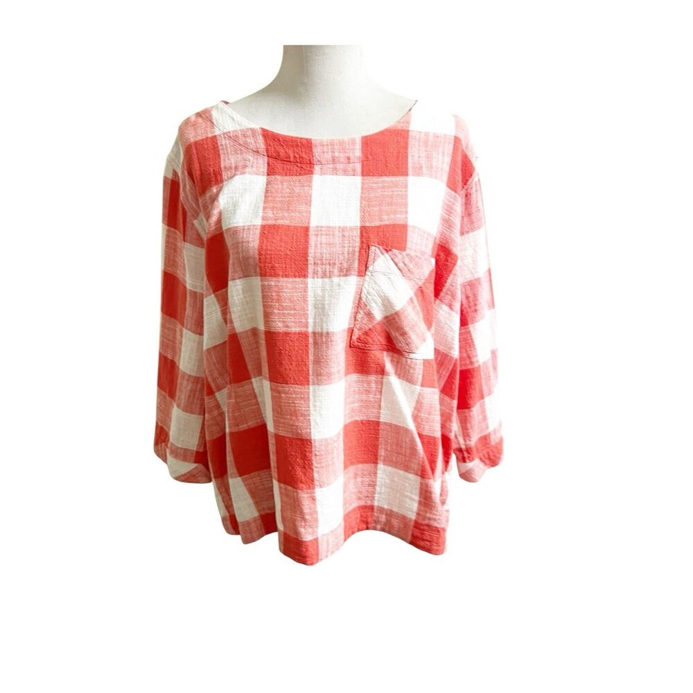 Downeast Plaid Checked Tunic Top Cotton Size XXL Red White Button Back